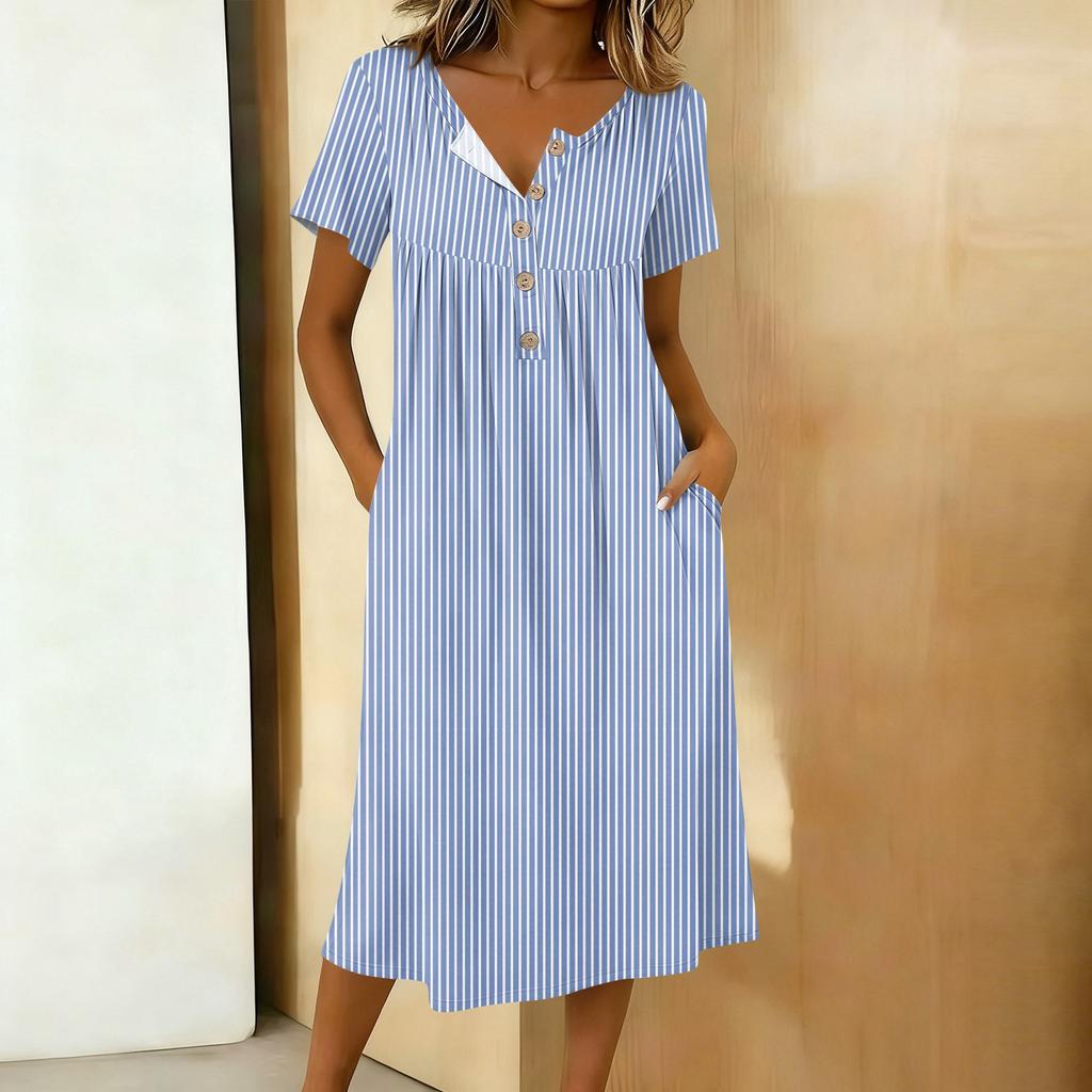 Women's Fashionable Striped Printed Round Neck Short Sleeved Button Neck Mid Length Casual Dress