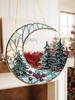 Christmas Acrylic Moon Ornament with Pine Trees & Red Berries, Art Hanging Decor, Festive Window & Xmas Tree Pendant Decorations
