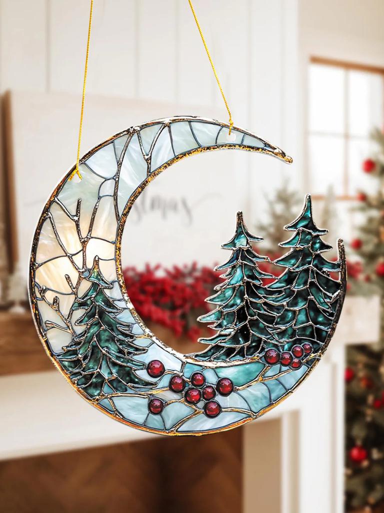 Christmas Acrylic Moon Ornament with Pine Trees & Red Berries, Art Hanging Decor, Festive Window & Xmas Tree Pendant Decorations