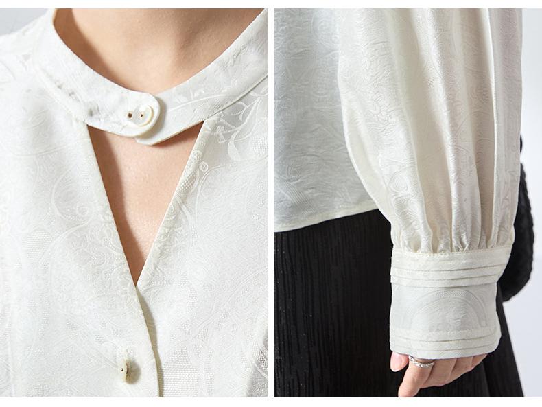 2026 Spring Mulberry Silk Satin Stand Collar Jacquard Shirt - Elegant Ink Wash Style