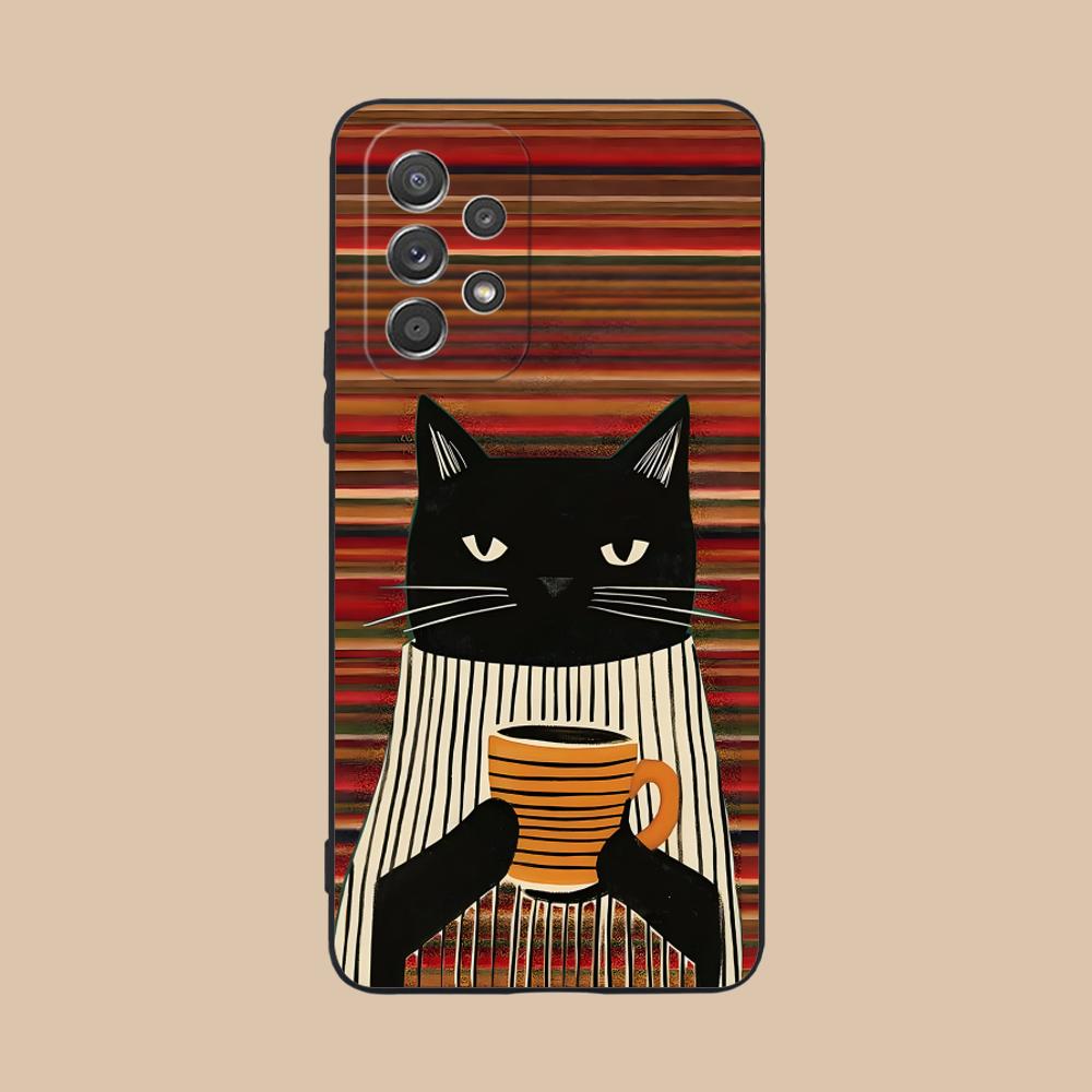 Cute Coffee Cat Matte TPU Mobile Phone Case for Samsung Galaxy M55 54 42 35 34 33 32 23 22 15 14 13 12 F55 5G Colorful Cover