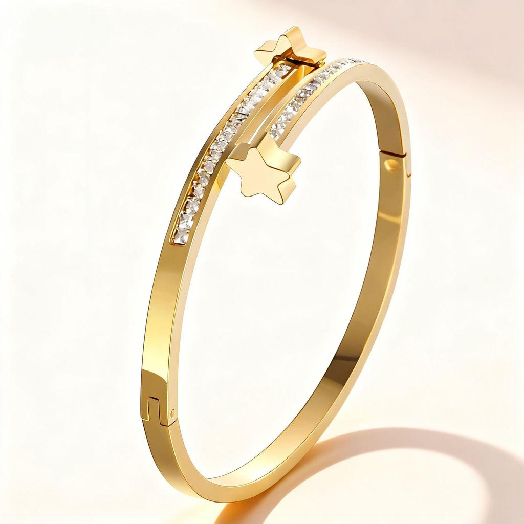18K Gold Vierblättriges Kleeblatt Diamantbesetztes Öffnungsfähiges Armband - Nicht verblassendes Titanstahl-Armband für Damen, Europäischer & Amerikanischer Modeschmuck.