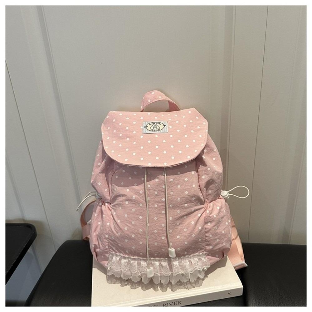 Korean Style Polka Dot Backpack Large Capacity Lace Trimmed Drawstring Backpack Drawstring Closure Flip Design School Daypack