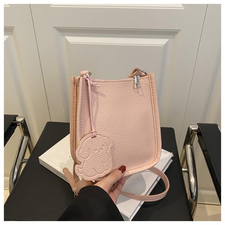 Color Simple Solid Lychee Pattern Embossed Women Square Bag With Pendant Cartoon