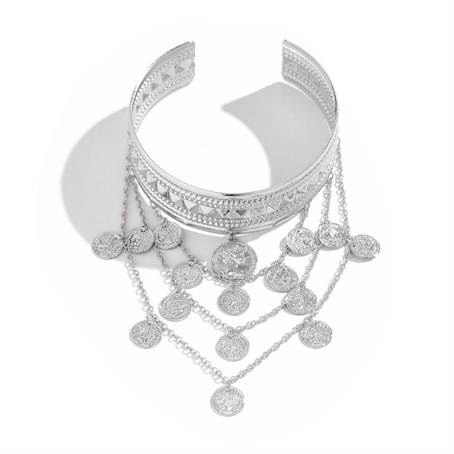 

Ingemark Punk Multilayer Tassel Coin Pendant Upper Arm Bracelet for Women Goth Open Cuff Bangles Couple Hand Jewelry Gift New серебряный