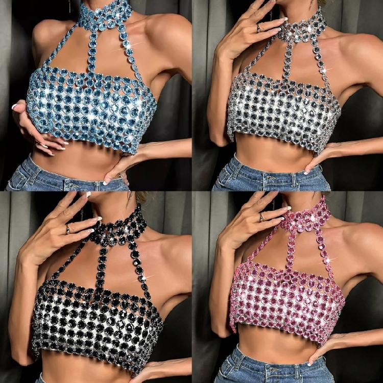 Rhinestones Diamond Body Chain Bra for Women Crystal Backless Chest Chain Halterneck Mesh Crop Top Harness Body Jewelry