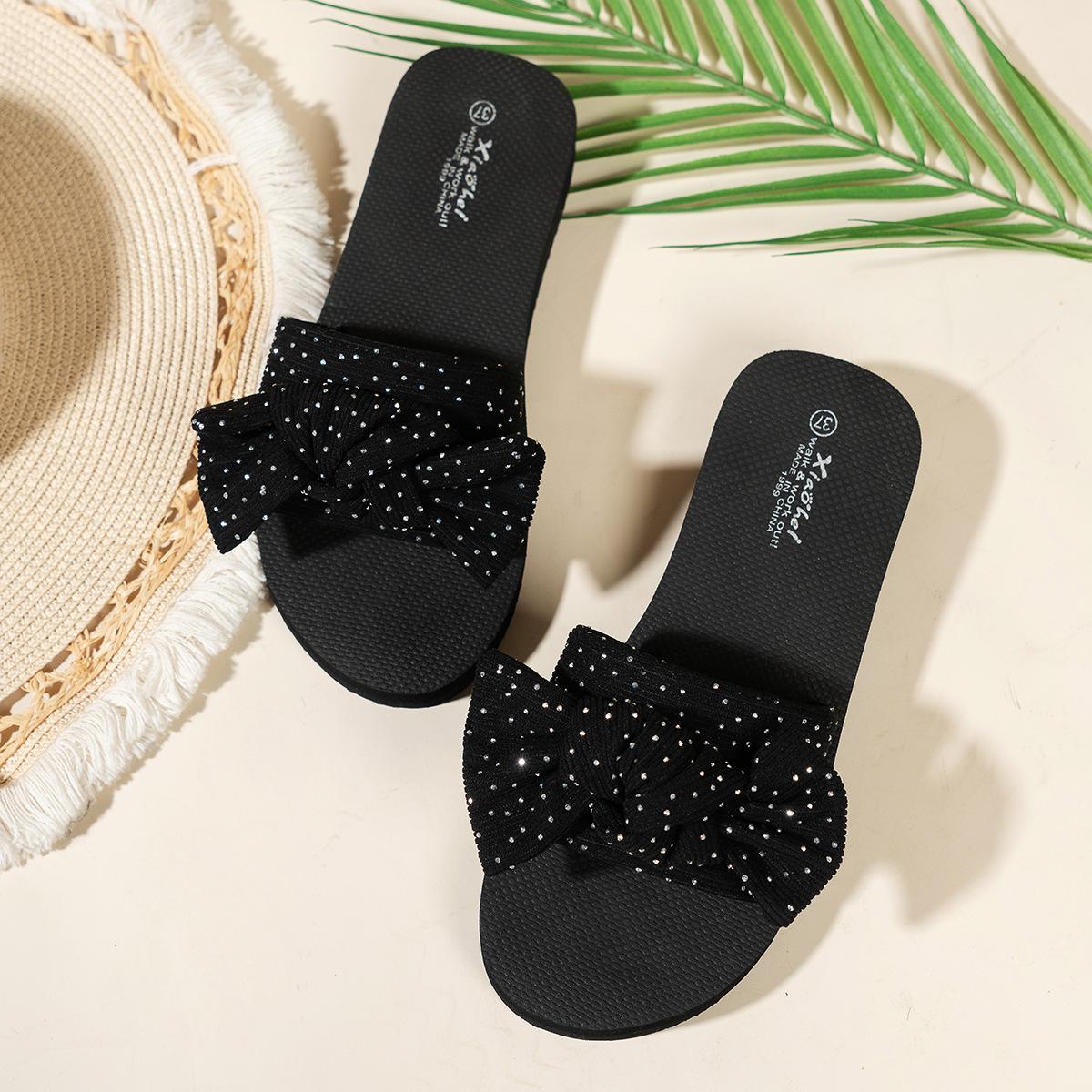 

Женские элегантные модные шлепанцы с плоской подошвой и бантом, черные, удобные, универсальные, великолепные, со стразами, для отпуска, крутые шлепанцы 41 чёрный