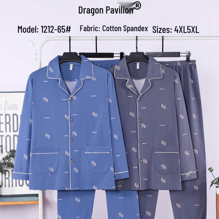 Dragon Pavilion Men's Four Seasons Cotton-Lycra Cardigan Pajama Set with Turn-Down Collar and Long Sleeves.