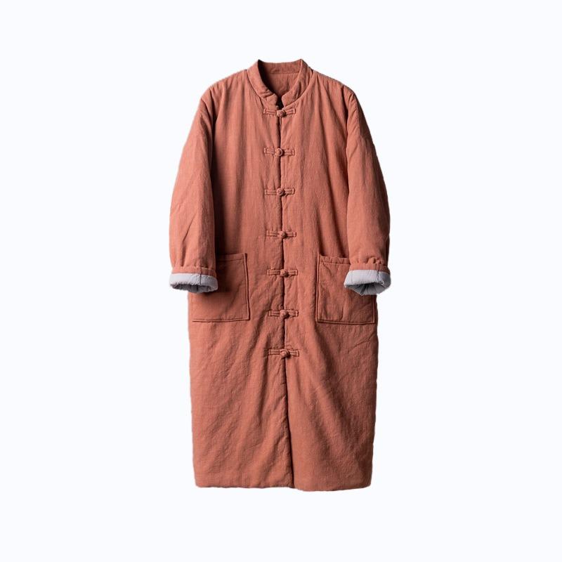 25 Winter New Cotton and Linen Women's Clothing Chinese Retro Sand Wash Stand-up Collar Buckle Ramie Long Cotton Clothes Women's Cotton Clothes