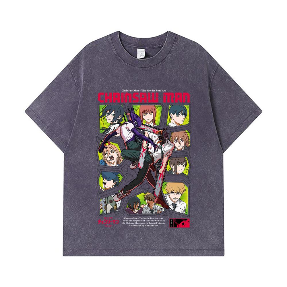 275 GSM Washed T-shirts 100% Cotton Chainsaw Man V17 Reze Arc Print Unisex Heavy Cotton T Shirt