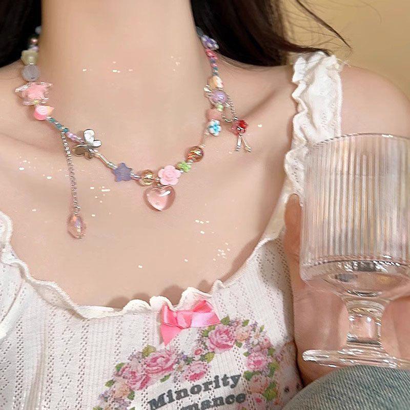 Y2K Heart Butterfly Přívěsek Choker náhrdelník Barevný korálkový řetízek klíční kosti pro ženy Dívka Punk Sladký estetický párty šperk