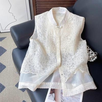 Summer 2025 New Top Shirt French Lace Flower Embroidered Stand-up Collar Buckle Vest Vest