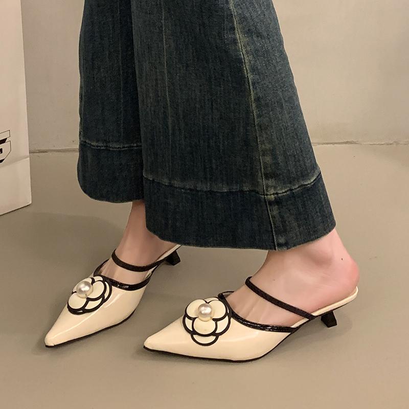 Fashion 2025 New Solid Color Flower Baobao Head Half Drag Shoes Summer New Temperament Pointed Head Fashion Comfortable Casual Shoes