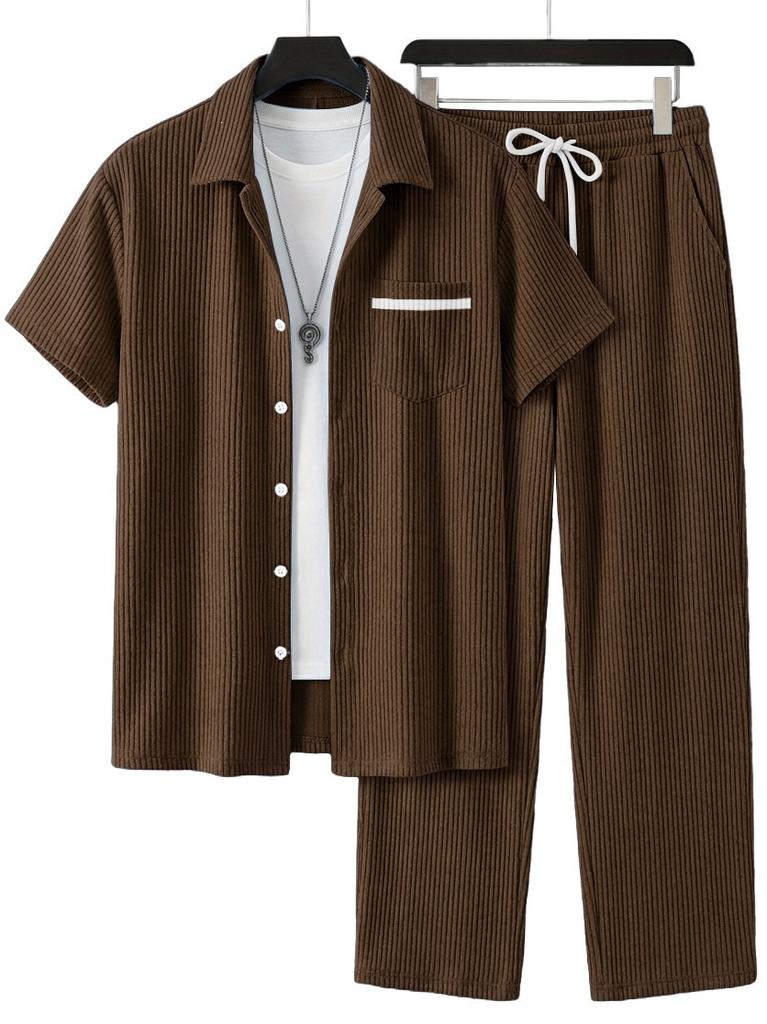 1116 New Solid Color Lapel Set, Men's Loose and Breathable Casual Two-piece Set for Beach Vacation