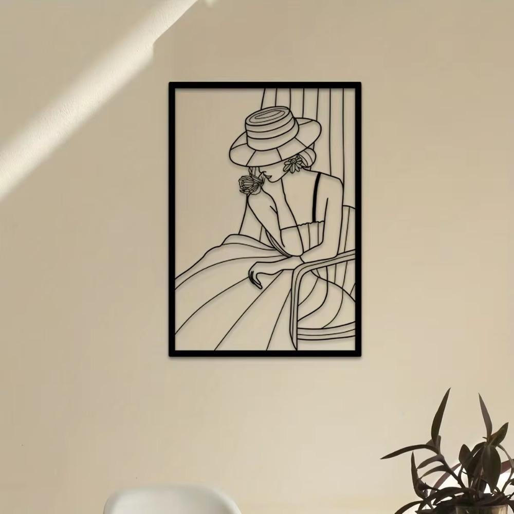 Vintage Lady Metal Wall Art - Modern Black and Gold Drawing | Minimalist Abstract Female Single Line Art for Home Decor