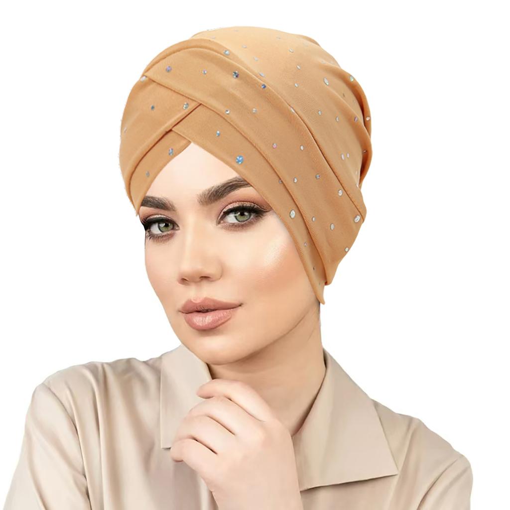 2025 New Fashion Forehead Cross Hijab Caps Hot Diamond Solid Color Turban Bonnet Muslim Ladies Head Cover