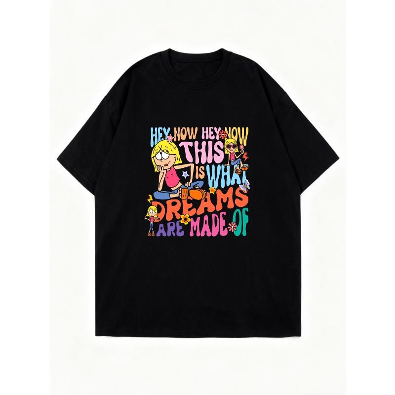 Oversized T-Shirt Dress Black Cartoon Character And Colorful Text Hey Now Hey Now This Is What Dreams Are Made Of Casual Streetwear Fashion For Women