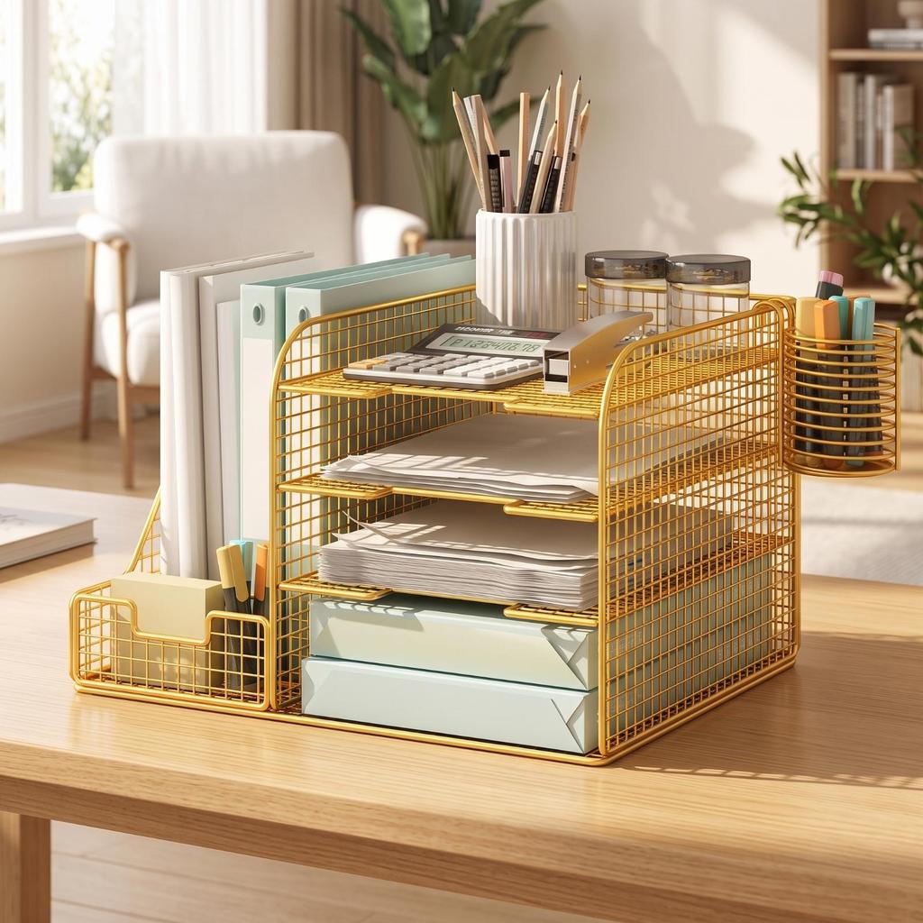 Desktop File Organizer with Pen Holders Wire Paper Sorter Metal for Office