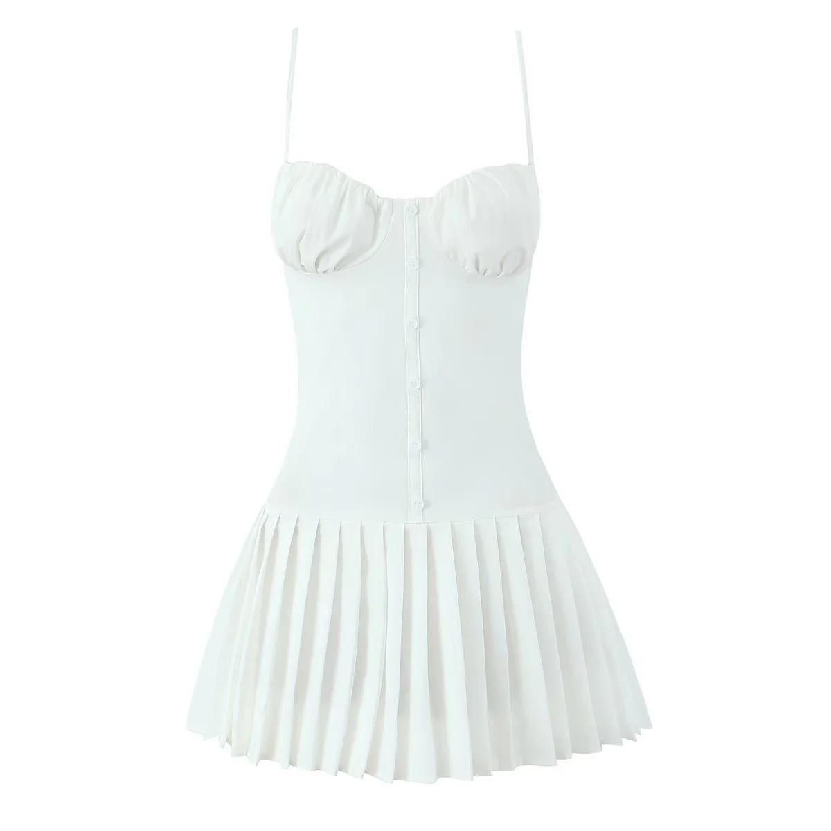 

Button Slash Collar Suspender Mini Low Waist Pleated Hem Dress S червоний