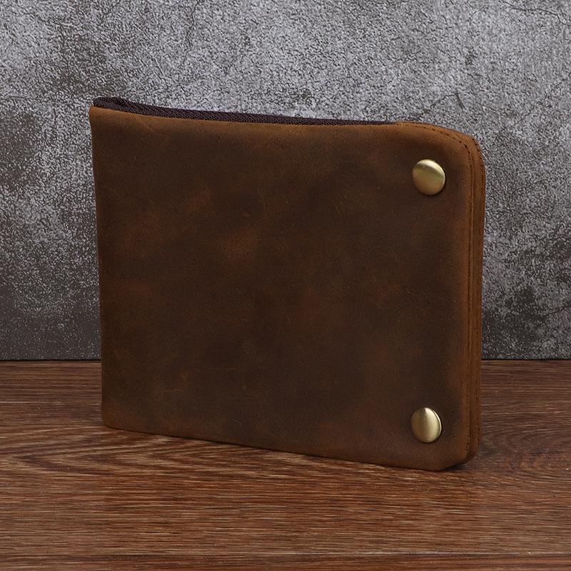 Crazy Horse Leather Men's Wallet Horizontal Leather Short Wallet Inner and Outer Head Layer Leather Buckle Leather Wallet Silver Bag