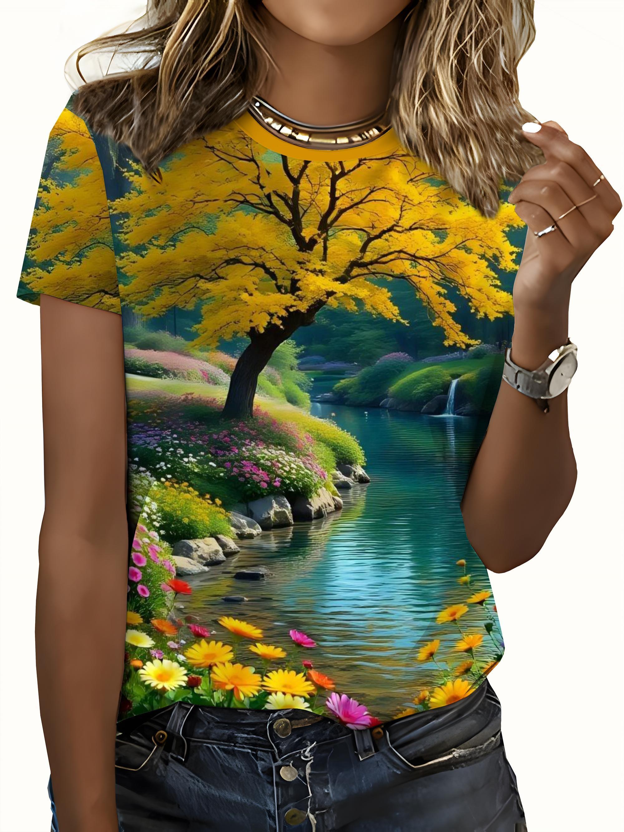 

[Printed Design-Not Textured]SpringSummer New Arrival Playful Style Golden Tree. River. and Floral T-. A Must-have Top for Women with a Unique and Eye XL дубильна кора