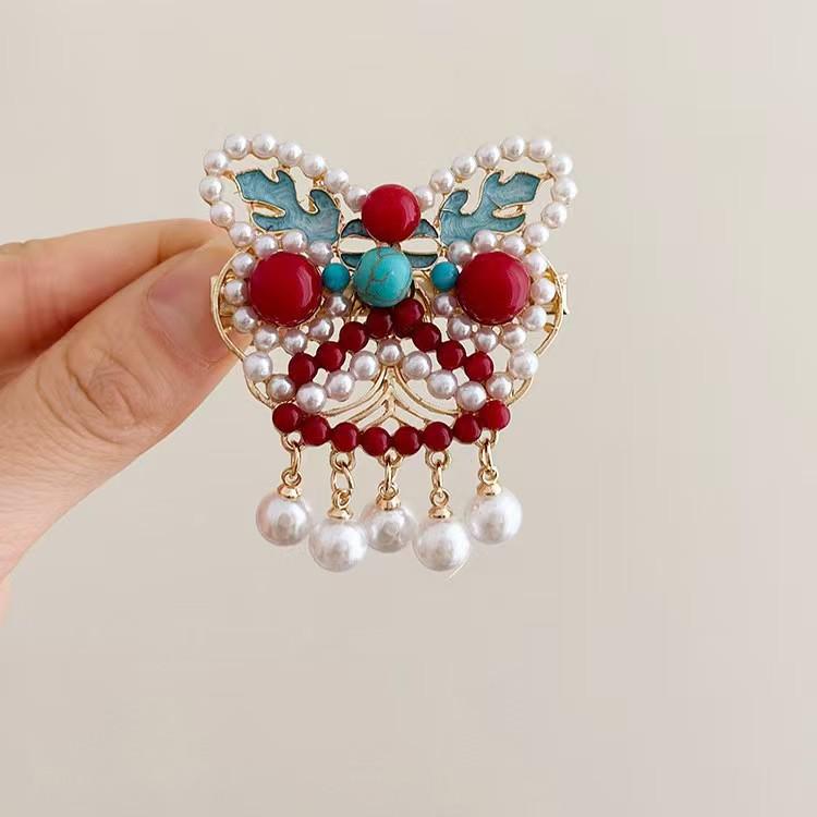 Vintage Enamel Cloud Pearl Hair Clip with Tassel - Elegant Chinese Style Updo Accessory