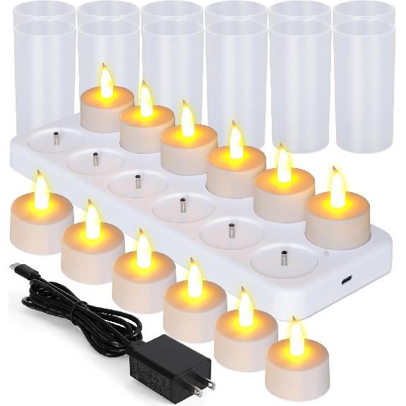 Esup Rechargeable Candles Flameless Flickering Candles Tealights | 12pcs/Set with White Base, Decoration Parties, Weddings, Bar, Family, Dinner