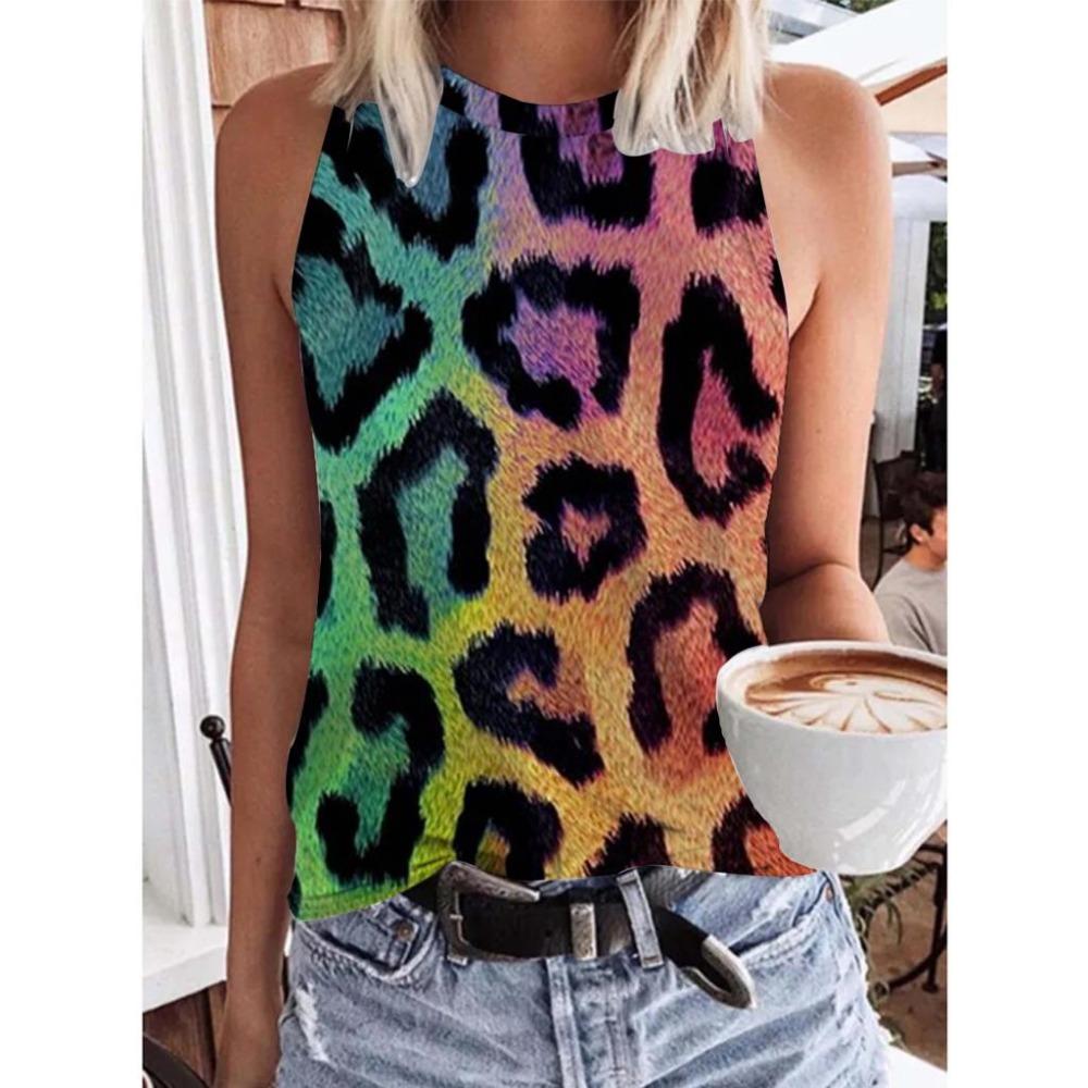 Summer Sequin Leopard 3D Print Tank Tops Women Fashion Streetwear Oversized O-Neck Vest Off Shoulder Sleeveless Woman Camisole