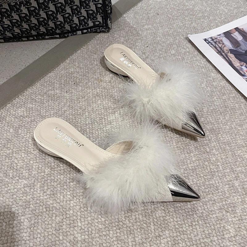 Fashion New Style Fashion Pointy Mule Shoes Women's Fluffy Summer Dress Elegant Slingback Sandals Party Simple and Shallow Cut Style