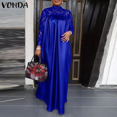 Women Plus Size Solid Color Lace Long Sleeve A-Line Dress