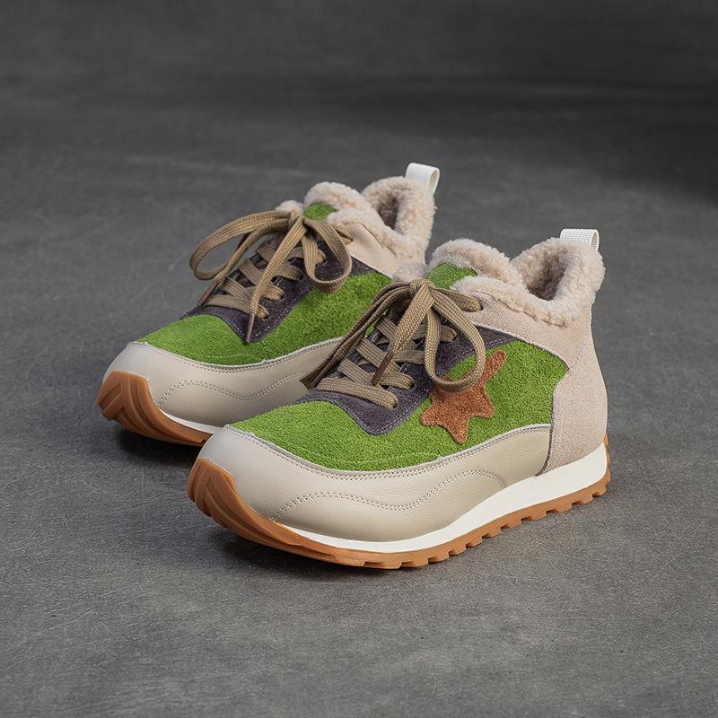 Johnature Warm Plush Cotton Shoes Versatile Lightweight Round Toe Lace-up Casual Women's Shoes