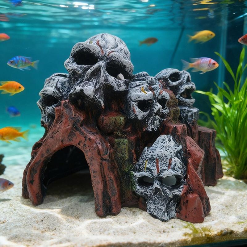 Handgefertigte Totenkopf-Aquariumdekoration Harz-Höhlenverstecke Künstlerische Totenkopfform Fischbecken Dekoration