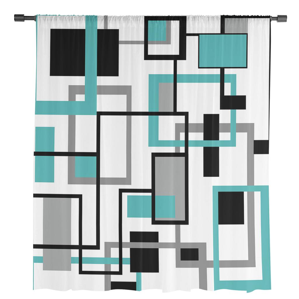 Nordic Retro Medieval Geometric Abstract Blue Sheer Curtains for Living Room Decor Window Curtains Kitchen Tulle Voile Curtains