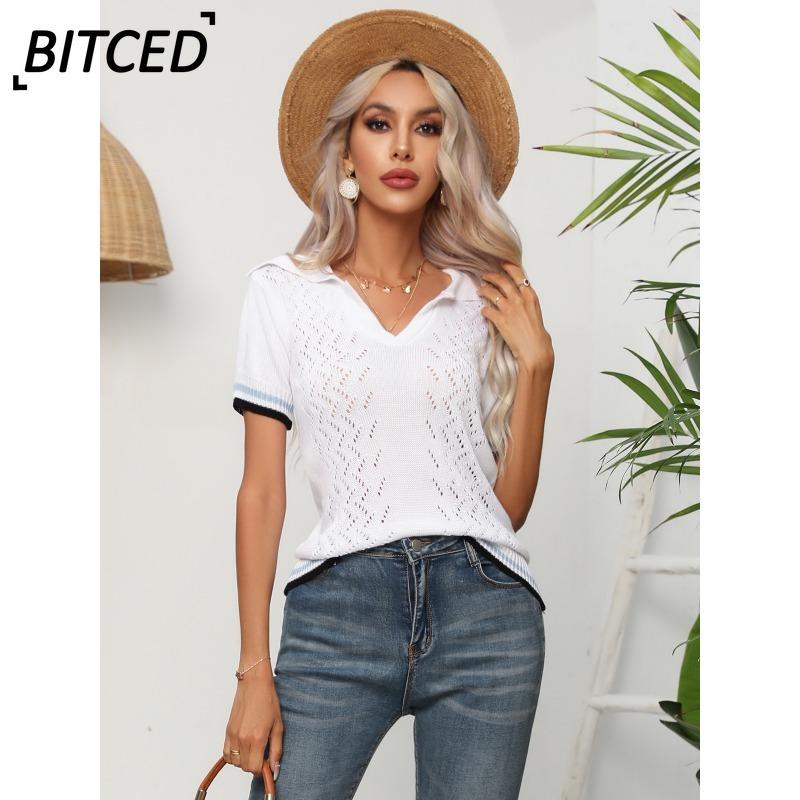 BITCED Camicette e camicie da donna con scollo a V, maniche corte, stampa tinta unita casual alla moda