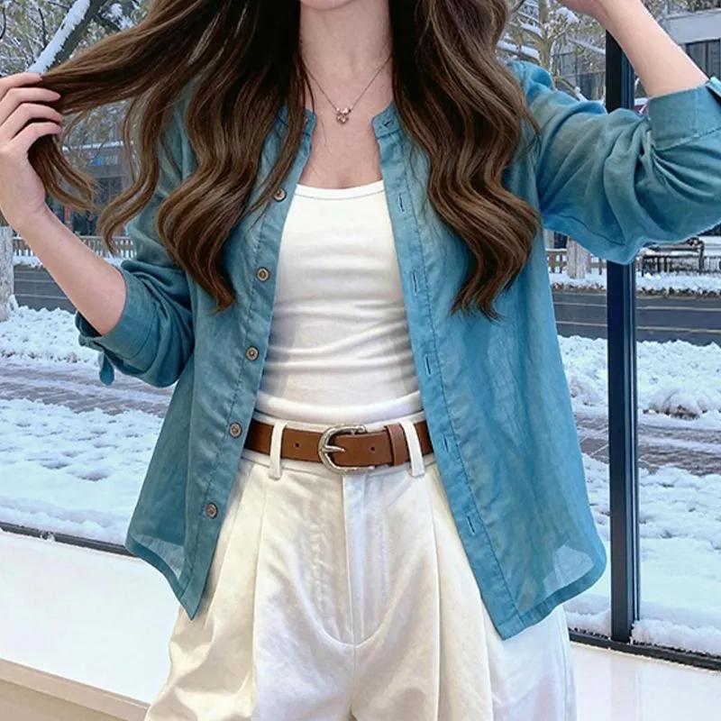 

Womens Solid Color Sheer Long Sleeve Button-Down Shirt L синий