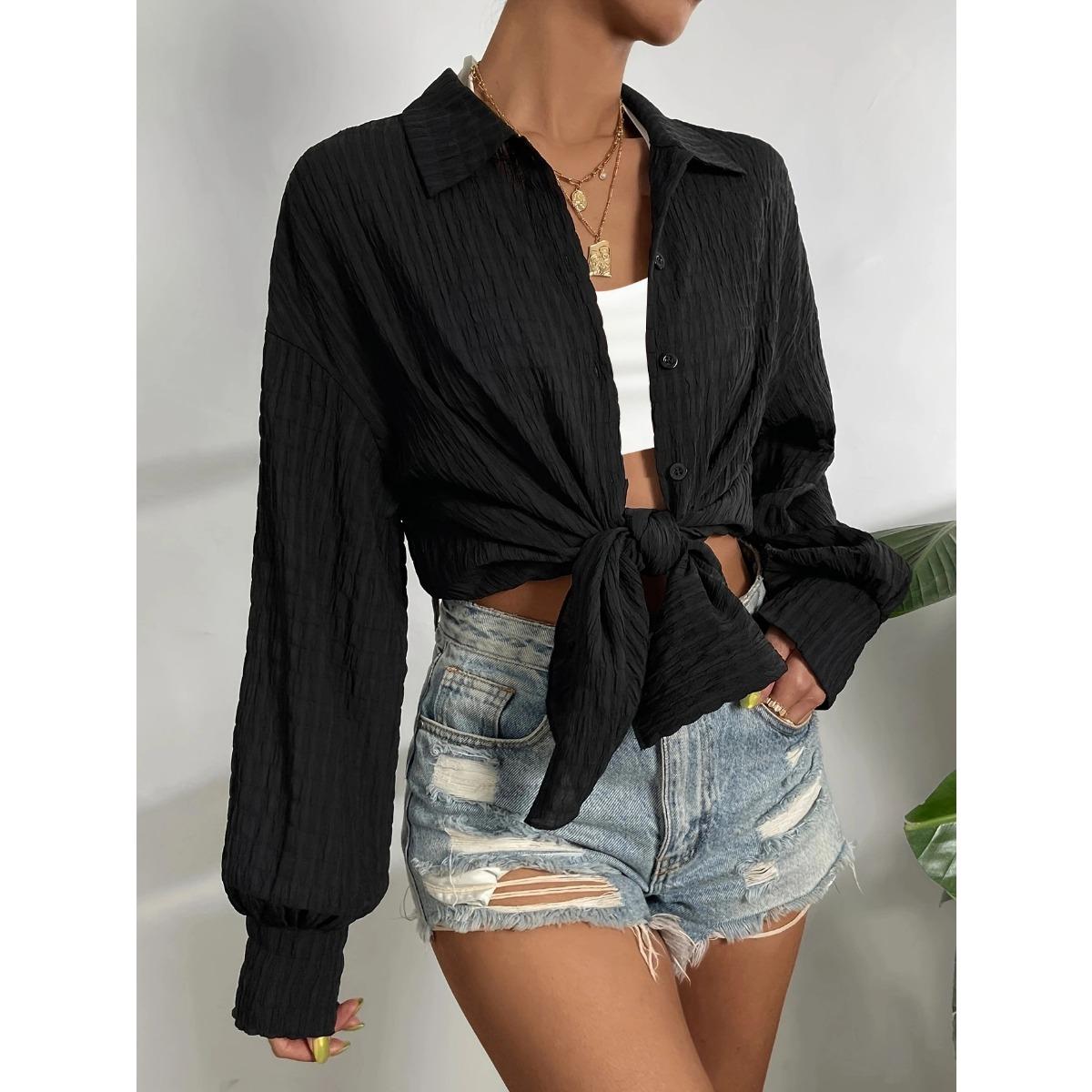 

Early Spring Solid Color Button-front Shirt, Popular Hot-selling Top for Women, European & American Style S чёрный