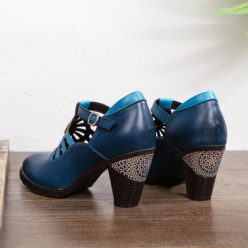 Johnature Genuine Leather Hollow Out Thick Heel Pointed High Heels Retro Pumps Hand Painted Shallow Women's Shoes