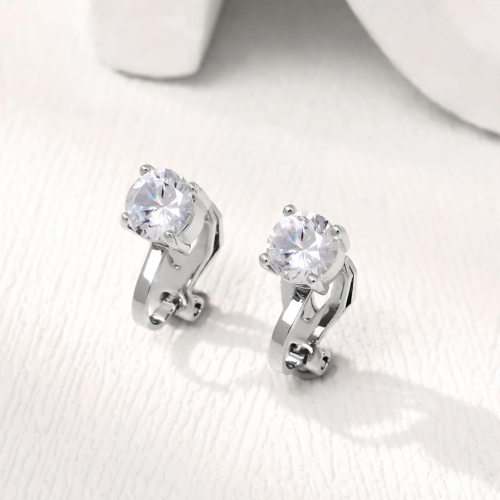 Earrings, Stylish And Simple, Four-Claw Round Rhinestone Without Ear Piercings, Ear Clips, Copper Earrings.