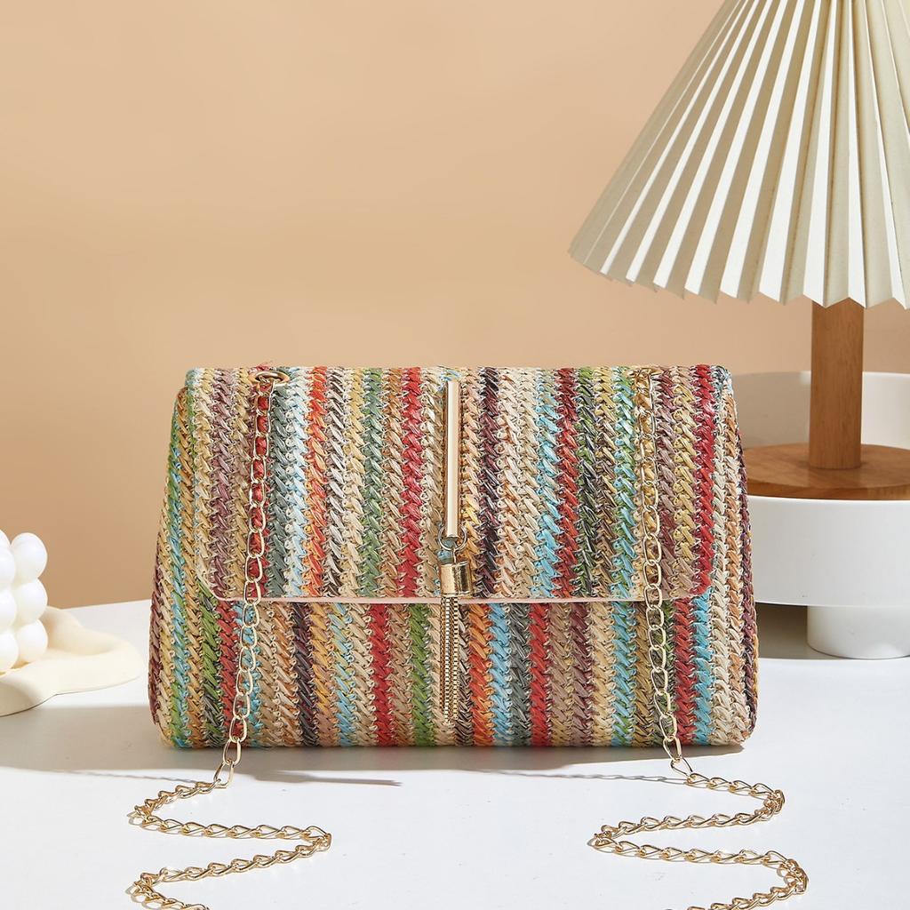 Color Striped Woven Hanging Bell Decoration Small Square Bag Women's New Chain Single Shoulder Crossbody Armpit