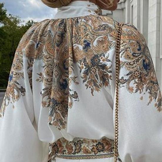 1 Set Women Shirt Shorts Set Vintage Pattern Print Turtleneck Two-piece Single Breasted Long Sleeve Top Pocket Shorts Office