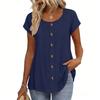 Top Camiseta Feminina Fashionável de Manga Curta com Gola Redonda e Decoração de Botões -Cor Única