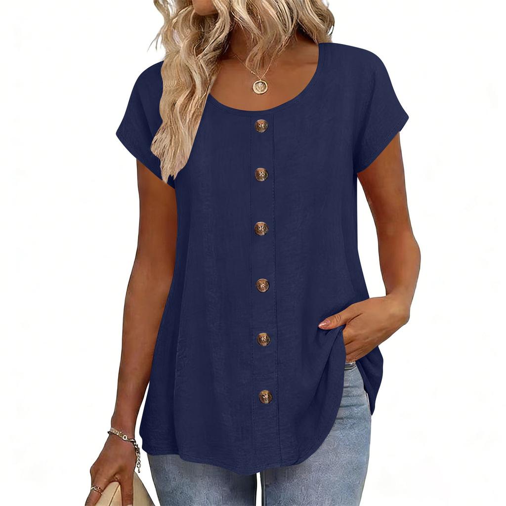Top Camiseta Feminina Fashionável de Manga Curta com Gola Redonda e Decoração de Botões -Cor Única