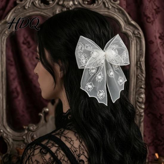 Stiff Three Dimensional Hairpin Halloween Lace Hair Bow Bat/Spider/Web Embroidery Hairpin Gothic Style Decorative Bow for Costumes Large Clip