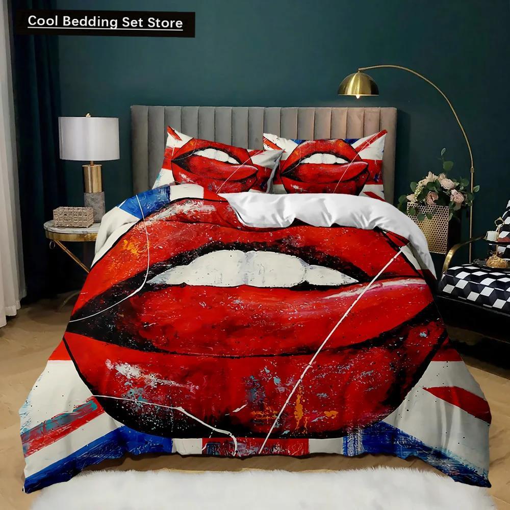 Juego de Funda Nórdica para Labios Juego de Cama de Labios Dorados Sexy Pareja Adulta Individual Doble Queen King Size Cubierta de Edredón de Poliéster con Marcas de Besos 3D