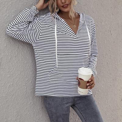 Women's Fashion Loose Striped Hooded Sweater with Drawstring and Pockets