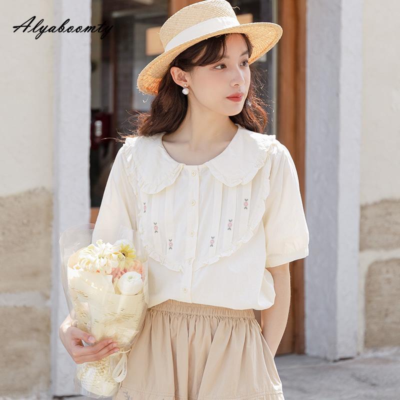 Japanese Mori Girl Summer Women Sweet Blouse Peter Pan Collar Floral Embroidery Casual Loose Blouse Short Sleeve Cotton Cute Blouse