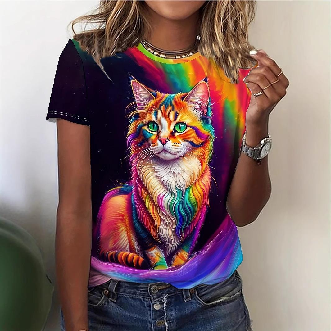 

Летняя Новая Женская Футболка с 3D Цифровой Печатью Креативный Животный Принт Круглый Вырез Повседневная Футболка 6XL