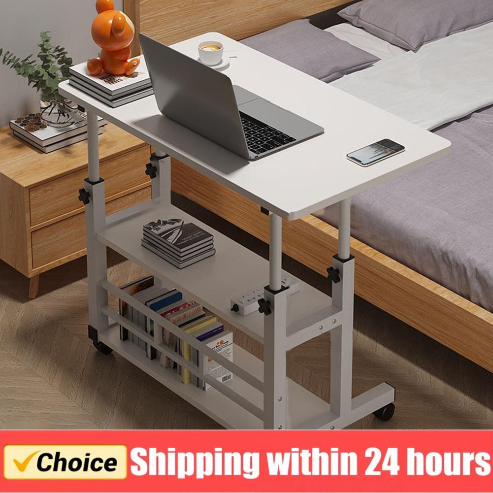 Double-Layer Office Desk Movable Bedside Computer Lazy Table with storage shelf Laptop Height Adjustable Bedroom Desk lift table