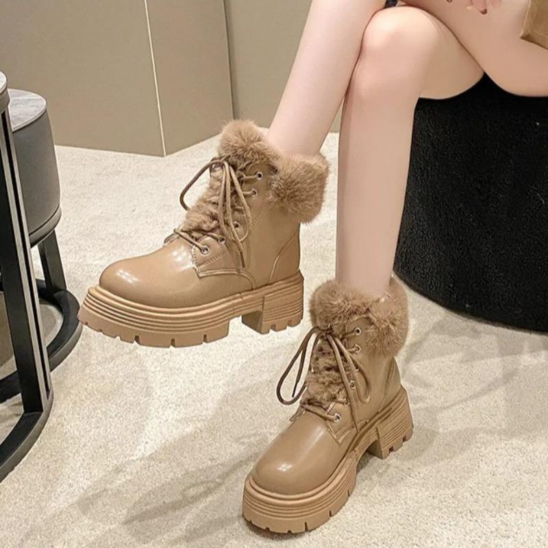 Womens Snow Boots Winter Plush Warm Cotton Boots High Quality Casual Leather Boots for Women Lace Up Ankle Boot Botines De Mujer