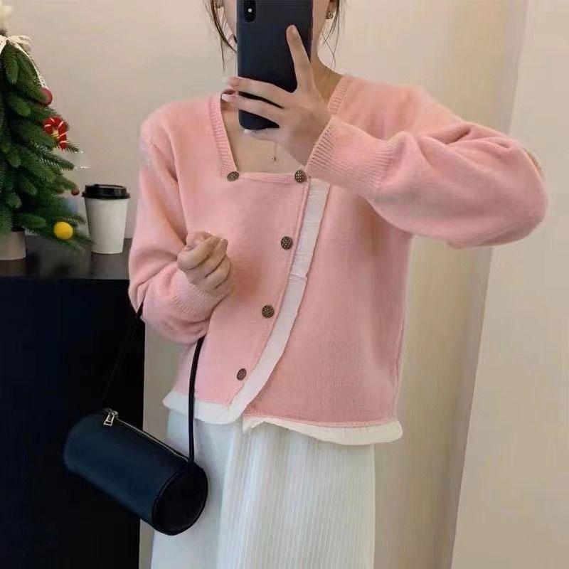 Korejský svetr dámský design krátký pletený svetr svetr dámské podzimní a zimní dlouhý rukáv krajkové prošívání svetr do výklenku dámské